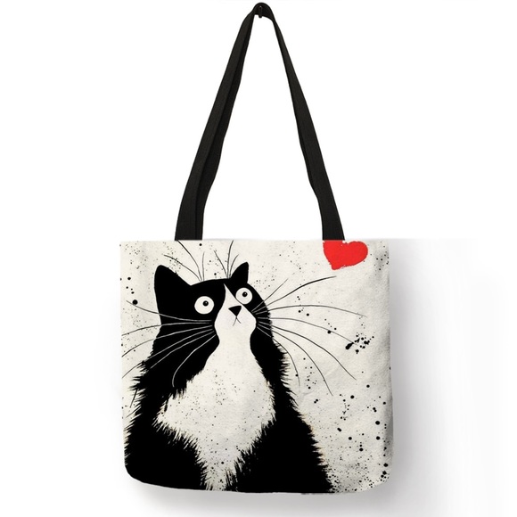 Handbags - Eco-Friendly Black Cat with Heart Folding Tote Bag
